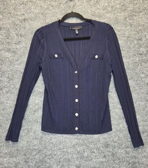 White House Black Market Sweater Womens Medium Blue Ribbed Button Cardigan